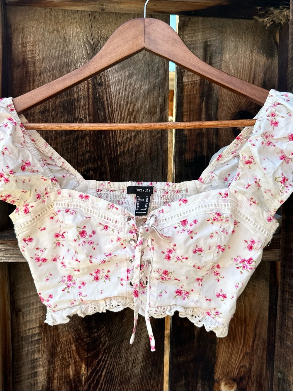 White Floral Lace-Up Crop Top
